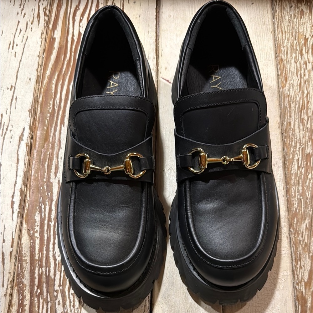 Raye Sven Black Leather Loafers with Gold Accents